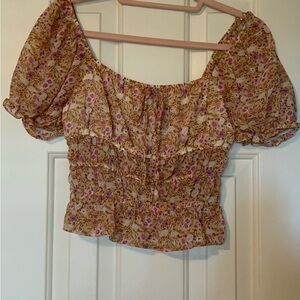 Miami Floral Puff Sleeve Blouse in Purple and Tan